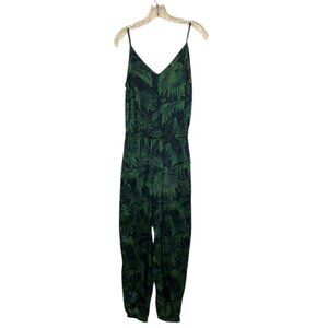 ANDIE KULLY stunning blue green leaf fern print SILK jumpsuit pants 2 S